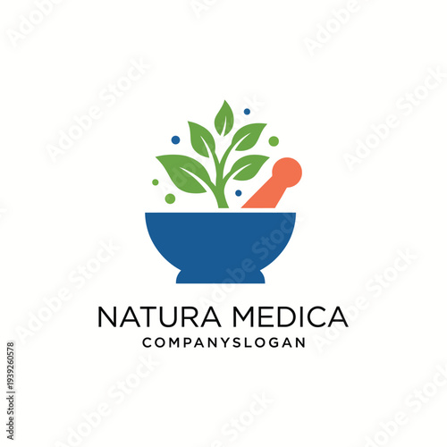 A logo showcasing a mortar and pestle with green plants, representing natural medicine and holistic healing, emphasizing the importance of nature in health and wellness.