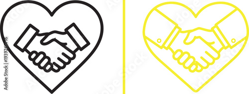 A comprehensive set of minimalist vector line icons featuring handshakes within heart shapes, showcasing various line weights, color palettes, and stylistic variations for partnership themes.
