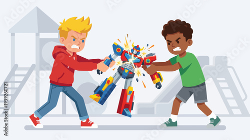 Two children are depicted in a playful conflict over a colorful robot toy, showcasing the exuberance and competitive nature of childhood play at a playground.