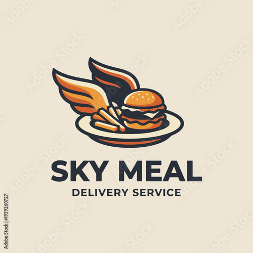 A vibrant logo featuring a burger with fries on a plate, incorporating wing elements to symbolize speedy meal delivery, perfect for a modern food service brand.