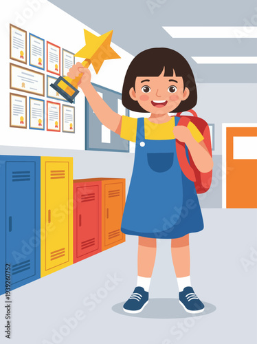A joyous child proudly holds a trophy in a school hallway, symbolizing achievement, motivation, and positive reinforcement in children's educational experiences.