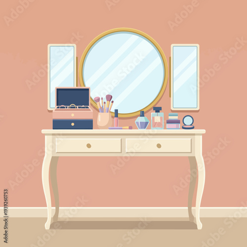 A neatly organized vanity table set against a soft pink wall showcases various beauty products, reflecting personal care, grooming, and elegant home aesthetics.