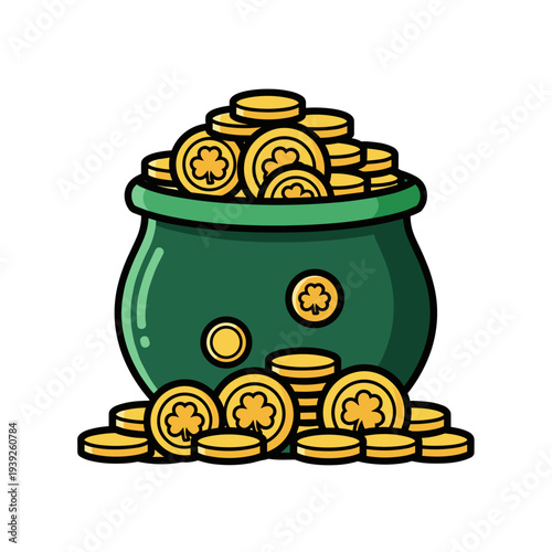 Pot filled with gold coins on white background  