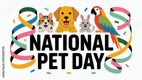 National pet day celebration with colorful animals and ribbons