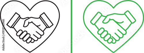 A comprehensive set of minimalist vector icons featuring handshakes enclosed in heart shapes, showcasing various line weights, color palettes, and stylistic variations for partnership themes.