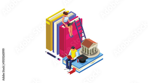 Creative student studying amidst colorful books and a busy urban scene