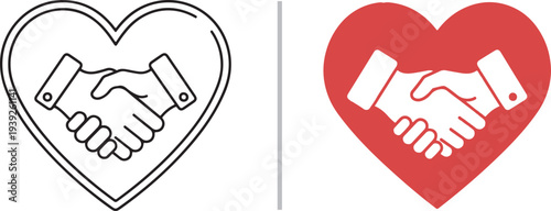 A diverse collection of minimalist vector icons featuring handshake symbols integrated with heart shapes, representing trust, professional cooperation, and mutual respect in various colors and line st
