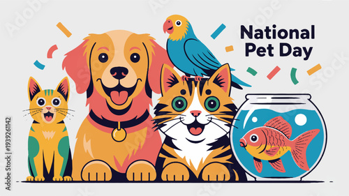 Happy national pet day illustration with dog cat parrot and fish celebrating together
