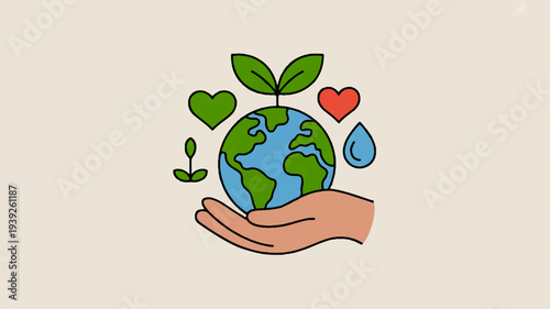 Earth protection emblem with hand cradling globe green leaves hearts and water drop symbolizing eco friendly care and love for nature