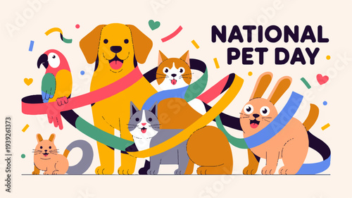 Colorful pets celebrate national pet day with confetti and ribbons