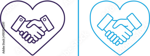 A collection of minimalist vector icons featuring handshakes integrated with heart shapes in various colors. These designs symbolize partnership, trust, and collaborative care through clean lines.