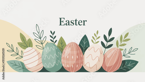 Easter eggs with leaves on a pastel background a minimalist vector banner design for spring celebrations
