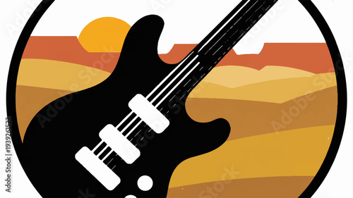 Stylized electric guitar icon in desert landscape with sunset background music symbol