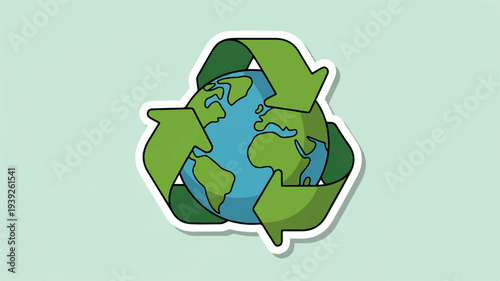 Earth with recycling symbol flat design sticker promoting environmental conservation and sustainability on a light green background