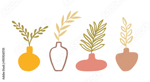 Crayon hand drawn vases of silhouettes and contour. Abstract organic pottery with leaves. Modern ceramic vessels and wine jars in minimalist style. Colorful boho vector illustration set for design.