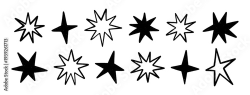 Crayon hand drawn stars, twinkle magic symbols. Shine, spark or light chalk elements. Line art sketch and silhouettes sparkle icons on transparent bg. Doodle black glitter sparks, vector illustration