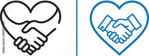 A collection of minimalist vector icons featuring handshakes integrated with heart shapes in various colors. The designs symbolize partnership, trust, and collaborative care through clean lines.