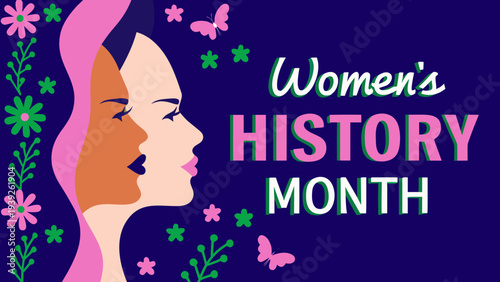 Diverse women faces in profile with women's history month text and flowers on purple background