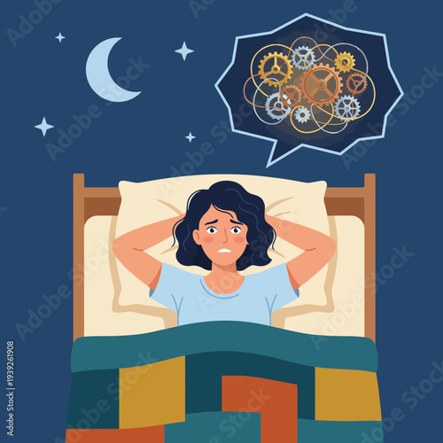 A worried person laying in bed portrays the challenges of insomnia, anxiety, and the search for peace amidst a racing mind during the quiet hours of night.