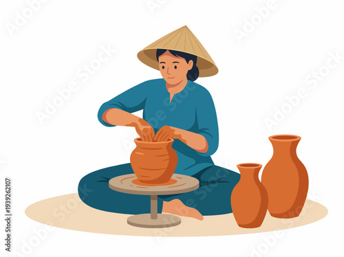 An inviting illustration showcasing an artisan crafting pottery, highlighting the traditional art form and the creative process of handmade ceramics.