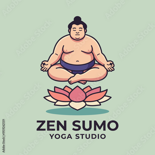 A meditating sumo wrestler levitates above a lotus flower, representing peace, balance, and mindfulness in a modern yoga studio branding concept.