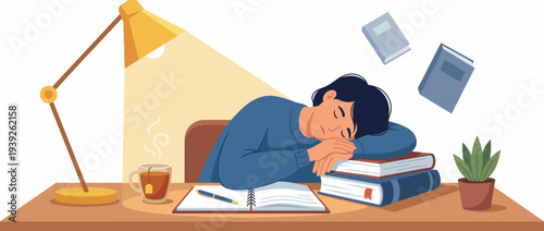 A student is asleep on a stack of books, surrounded by study materials in a cozy and warm atmosphere, reflecting the exhaustion and dedication of late-night studying.