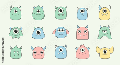 A collection of 15 cute, colorful, cartoon monsters with various expressions and features, arranged in a grid on a light background.