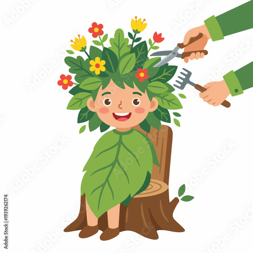 A joyful child with foliage-like hair is getting a trim, showcasing a whimsical blend of nature and innocence while sitting on a tree stump in a colorful setting.