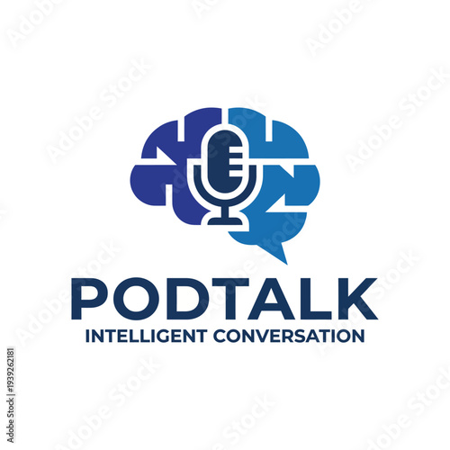 A sleek logo design for 'PodTalk' features a microphone and brain, symbolizing engaging and insightful conversations hosted by the podcasting platform.