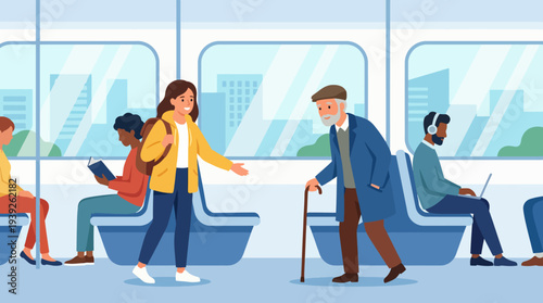 A vibrant illustration depicts diverse commuters interacting and navigating their daily journey inside a bright and inviting subway train environment.