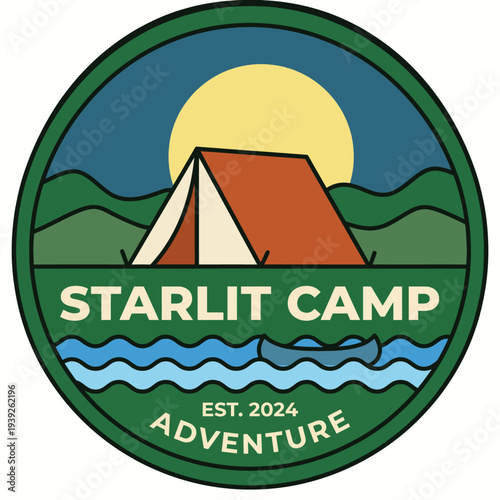 The Starlit Camp Adventure logo features a tent by a river with mountains in the background, evoking feelings of exploration, joy, and connection with nature.
