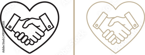 Minimalist line art vector featuring two handshake icons set inside heart shapes, symbolizing professional trust, heartfelt partnership, and mutual agreement in business or community.