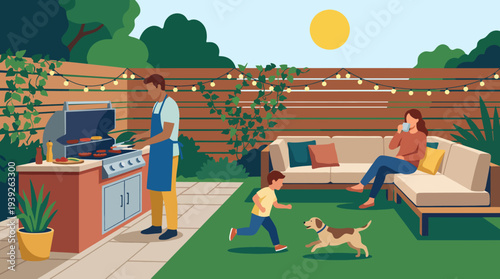 A vibrant backyard scene capturing a family barbecue with a man grilling, a child playing with a dog, and a woman enjoying a drink, surrounded by greenery and sunlight.
