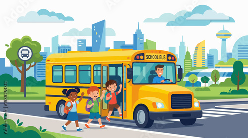 Bright illustration of joyful children getting off a school bus in an urban setting, capturing the essence of childhood and school life in a colorful and playful scene.