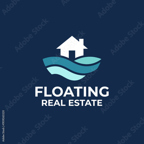 An elegant logo design featuring a house on waves, symbolizing modern floating real estate, combining unique architecture with a refreshing approach to housing.
