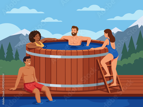 Four friends are enjoying their time in a wooden hot tub with a scenic mountain backdrop, capturing the essence of relaxation and togetherness in nature’s beauty.