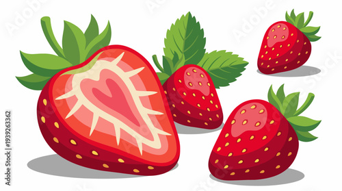 This vibrant illustration showcases juicy strawberries with bright colors, emphasizing their fresh appeal and natural beauty, perfect for food-related projects or branding.