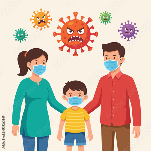 This illustration portrays a family wearing masks to prevent virus spread, highlighting health awareness and safety in pandemic situations, ideal for health campaigns.