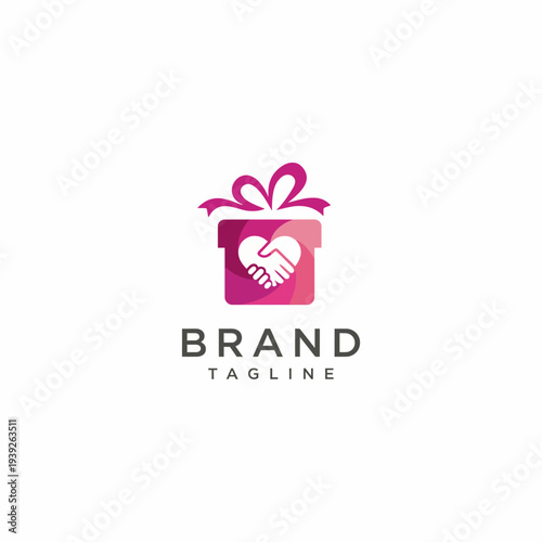 A delightful logo featuring a gift box with a heart and handshake, embodying values of partnership, love, and joy in gifting and personal connections for relationship-based businesses.