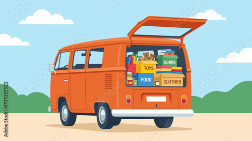 A vibrant orange vintage van is shown packed with colorful boxes filled with toys, books, clothes, and food, representing childhood joy and adventure on the road.