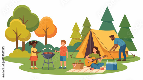 A delightful illustration of a family enjoying an outdoor camping trip, engaging in fun activities like grilling and playing music amid picturesque trees and a cozy tent.