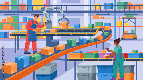 A vibrant illustration of a modern warehouse showcasing automated systems and workers efficiently managing packaging processes in a busy environment with colorful boxes.