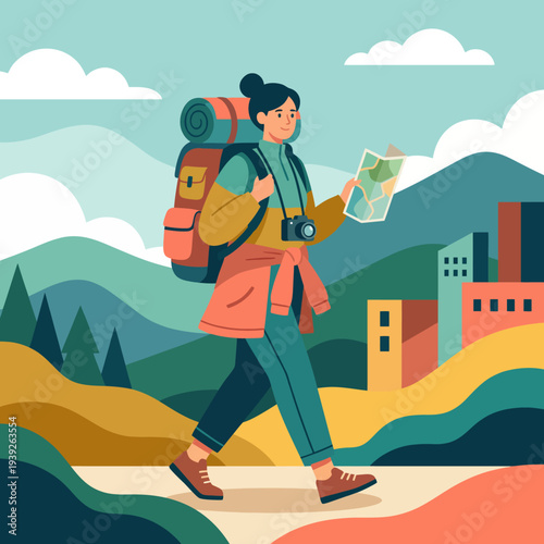 A female explorer with a backpack walks through a stunning landscape, map in hand, symbolizing adventure, exploration, and the thrill of discovering new places.