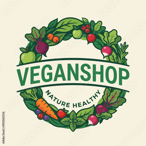 An eye-catching logo for Veganshop featuring a wreath of fresh vegetables and fruits, symbolizing health, vitality, and a commitment to natural and wholesome living.