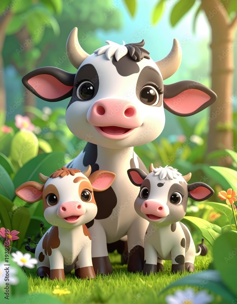 Obraz premium A cheerful cartoon cow with two calves stands in a vibrant, sunny garden surrounded by flowers and greenery. Happy Mother's day