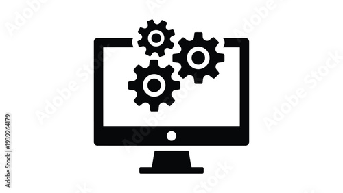 Computer screen displaying interconnected gears representing technology and systems integration