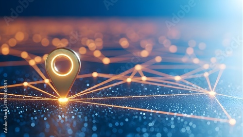 Pinpointing Global Connection: A Digital Map with a Glowing Location Marker and Interconnected Network Lines Representing Data Flow, Navigation, and Futuristic Technology