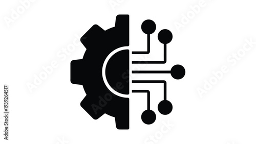 Integration of technology and human cognition symbolized by a gear and brain halves