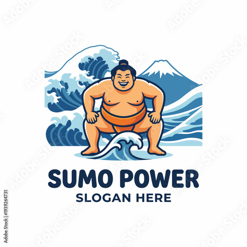 A vibrant logo of a cheerful sumo wrestler poised against a backdrop of stylized waves, embodying the spirit of strength and tradition in Japanese culture with a lively flair.