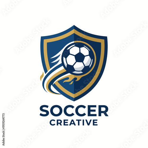 This logo features a soccer ball on a shield, symbolizing action and sportsmanship, ideal for soccer teams or creative sports brands focusing on teamwork and excitement.